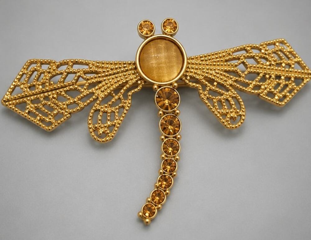Vintage Large Dragonfly Brooch Pin Amber Rhinestones 2.25" Gold Tone ab1-20